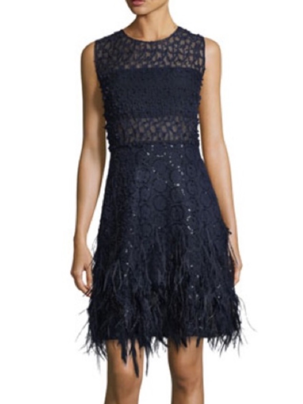 Elie Tahari Navy Lace Mini Dress with Feather Hem